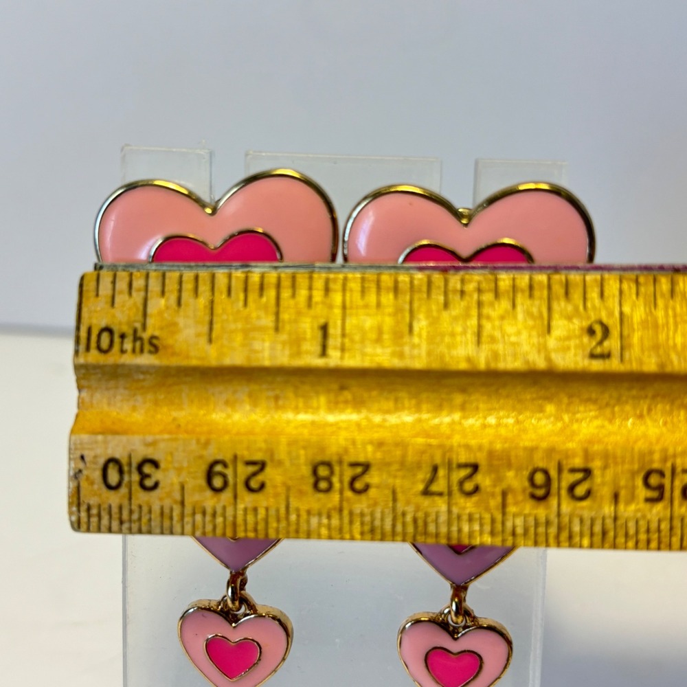BaubleBar Pink Triple Heart Drop Earrings Gold Tone Post Dangle Barbiecore 2" - Picture 4 of 6